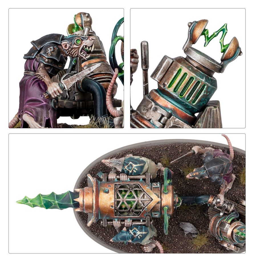 Warp-Grinder - zbliżenia operator Skaven z nożem przy rurach pojemnik warpstone z zielonymi szczelinami i złotą koroną i widok z góry na maszynę z sześciokątną kratką