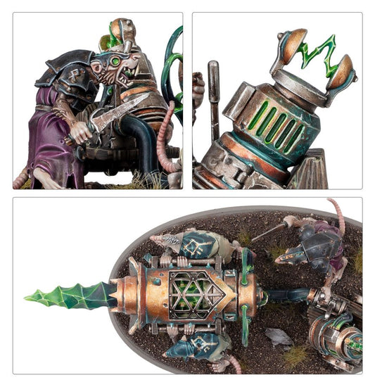 Warp-Grinder - zbliżenia operator Skaven z nożem przy rurach pojemnik warpstone z zielonymi szczelinami i złotą koroną i widok z góry na maszynę z sześciokątną kratką