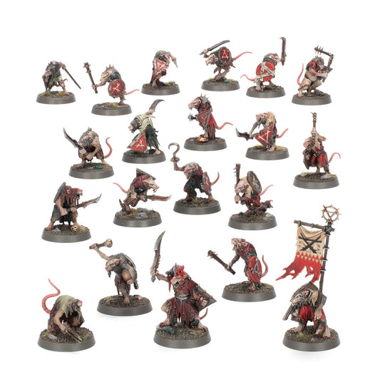 Clanrats - 20 modeli Skaven w brązowo-czerwonych łachmanach z rdzawymi mieczami, tarczami z symbolem X i różowymi ogonami, champion z uniesioną klingą i chorąży z czerwoną flagą - Warhammer Age of Sigmar
