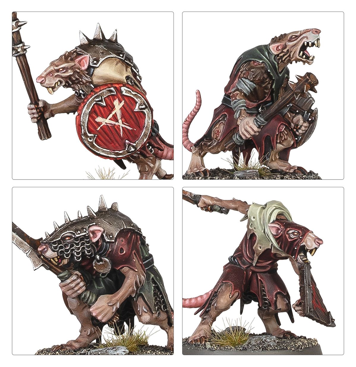 Clanrats kolaż póz - 4 ujęcia: szczur z włócznią i czerwoną tarczą z symbolem X, szczur w zielonym płaszczu z kuszą i tarczą, szczur z kolczastym hełmem i włócznią w ataku, szczur w czerwonej szacie z kuszą i tarczą - Warhammer Age of Sigmar