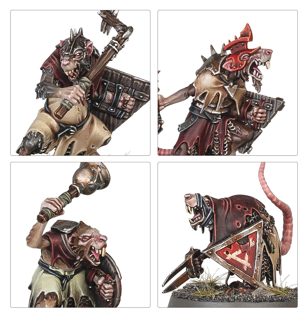 Clanrats warianty broni - kolaż 4 ujęć: szczur z kuszą i tarczą, champion w czerwonym hełmie z rogami i kuszą, szczur z maczugą i tarczą, champion z czerwoną tarczą z symbolem Skaven i sztyletem - Warhammer Age of Sigmar