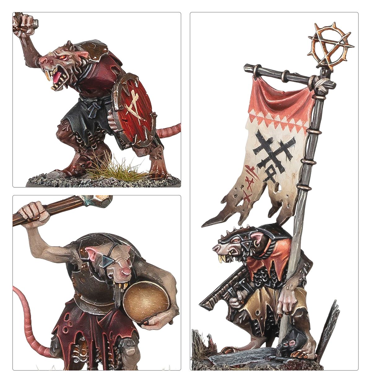 Clanrats champion i chorąży - kolaż 3 ujęć: champion w czerwonej szacie z tarczą i maczugą, muzyk z brązowym gongiem na drewnianym kiju, chorąży z białą flagą z symbolem Skaven i złotym kołem na szczycie drzewca - Warhammer Age of Sigmar