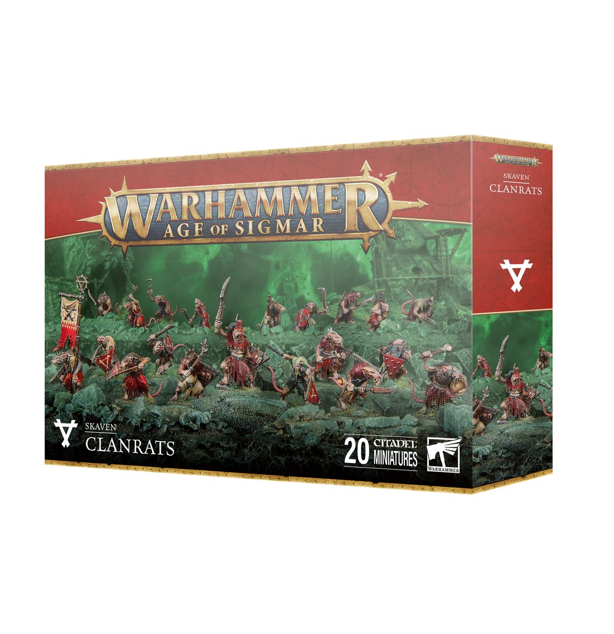 Skaven Clanrats - pudełko zestawu 20 miniatur Warhammer Age of Sigmar z hordą szczurów w czerwonych szatach z włóczniami i tarczami na zielonym tle ruin