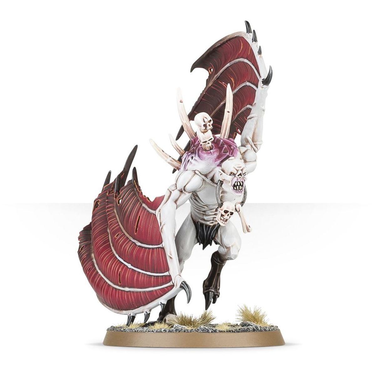 Crypt Flayer Infernal Courtier - biały ghul z fioletowym grzebieniem i czaszkami na szyi, trzymający drugiego ghula w locie z bordowymi skrzydłami rozpostartymi - Warhammer Age of Sigmar