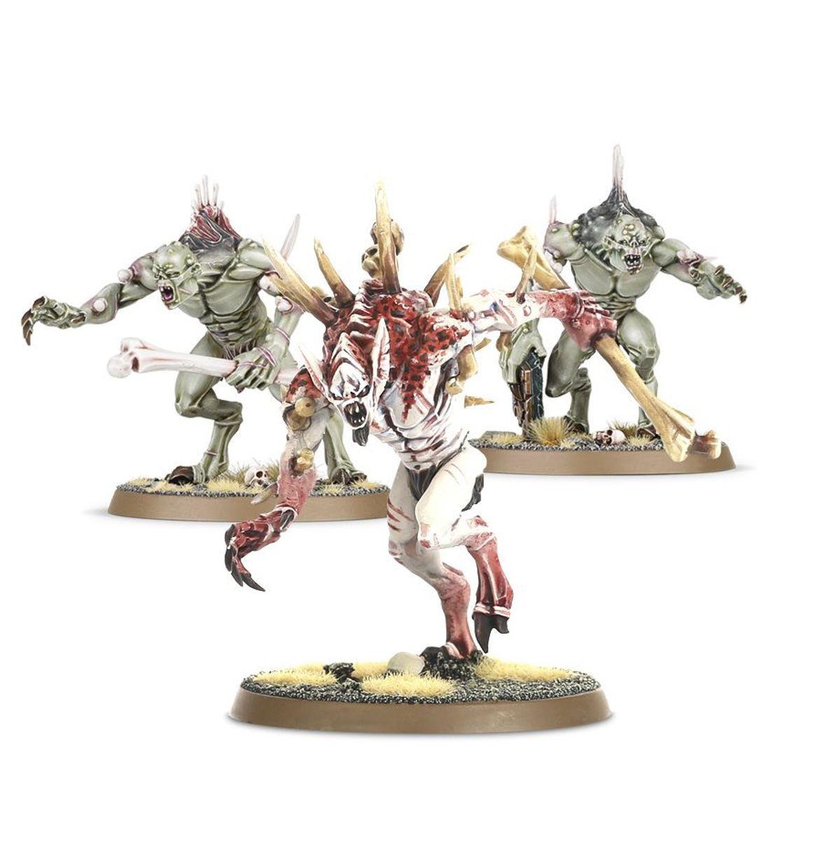 Crypt Flayers jako Crypt Horrors - 3 naziemne ghule Flesh-eater Courts: szaro-zielone monstrum z kością, biały ghul z bordowymi skrzydłami złożonymi i szaro-zielony ghul z kością - Warhammer Age of Sigmar