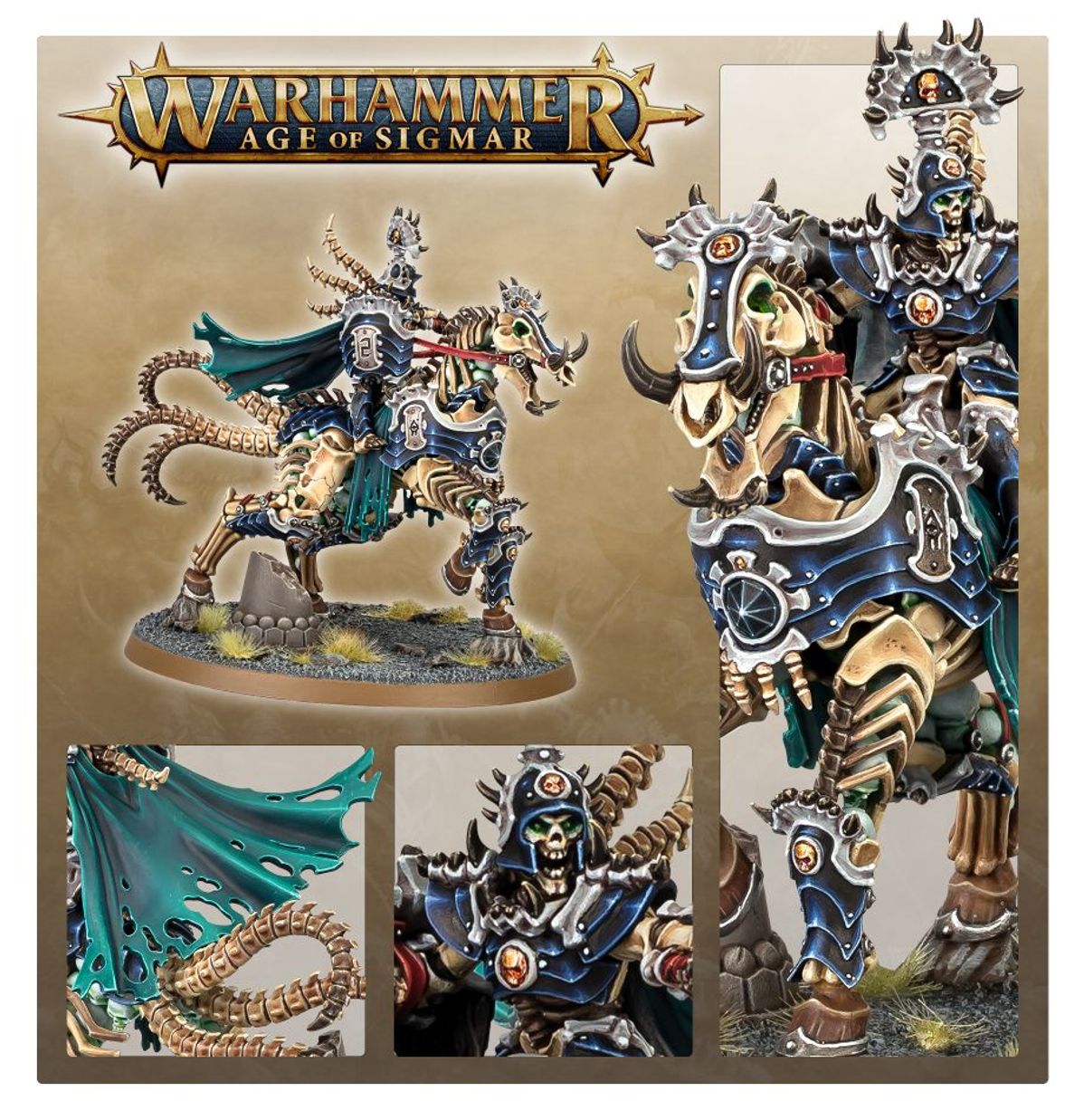 Arch-Kavalos Zandtos - kolaż detali: turkusowy płaszcz, twarz szkieletu, pancerz z czaszkami - Warhammer Age of Sigmar