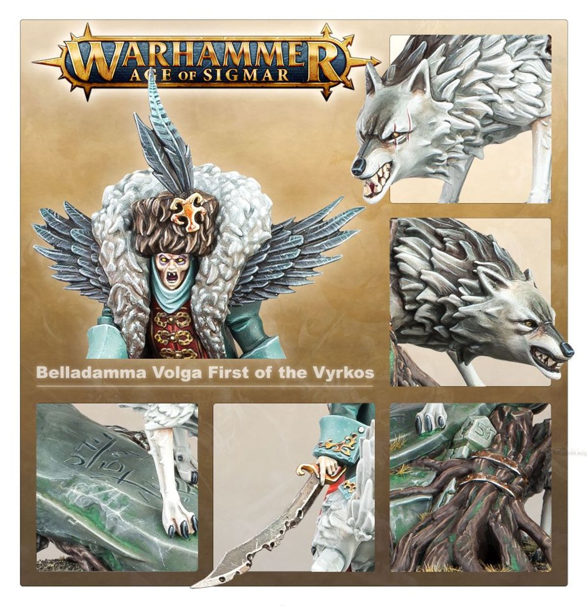 Belladamma Volga First of the Vyrkos - kolaż detali Warhammer Age of Sigmar: główne zdjęcie postaci z logo Warhammer Age of Sigmar i napisem Belladamma Volga First of the Vyrkos (lewy), detal głowy szarego wilka z otwartą paszczą i białymi kłami (górny prawy), detal głowy drugiego szarego wilka z otwartą paszczą (środkowy prawy), detal białej łapy wilka na zielonym kamieniu z runami (dolny lewy), detal zakrzywionego miecza z złotą rękojeścią w dłoni wampirzycy (dolny środkowy), detal korzeni i złotej opaski