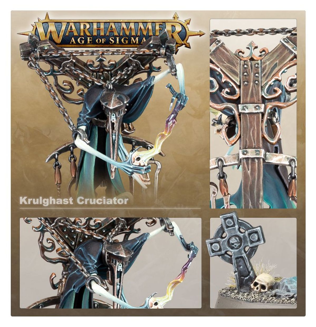 Krulghast Cruciator - kolaż detali Warhammer Age of Sigmar: główne zdjęcie postaci z logo Warhammer Age of Sigmar (górny lewy), detal metalowej klatki z ozdobnymi elementami i łańcuchami (górny prawy), detal