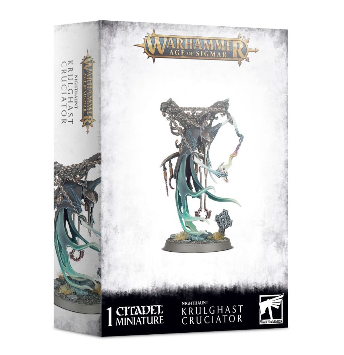 Nighthaunt Krulghast Cruciator - pudełko zestawu 1 miniatury Warhammer Age of Sigmar z widmową postacią w ciemnoniebieskiej pelerynie z metalową klatką z łańcuchami i turkusowymi smugami na białym tle, czarny pasek z napisem 1 Citadel Miniature Nighthaunt Krulghast Cruciator i logo Warhammer