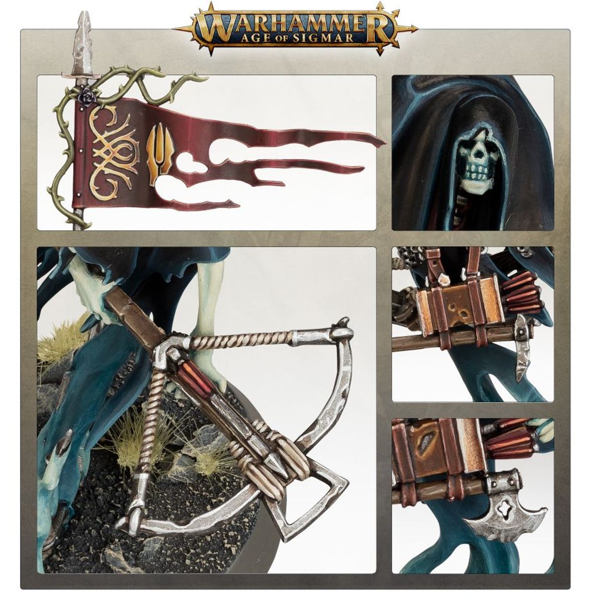 Craventhrone Guard detale - kolaż 5 ujęć z logo Warhammer Age of Sigmar: ciemnoczerwona chorągiew ze złotym ornamentem na drzewcu z cierni (górny lewy), kościana czaszka w kapturze z niebieskim blaskiem (górny prawy), detal soulhunter crossbow z metalową cięciwą i bełtami (dolny lewy), zbutwały kołczan z czerwonymi bełtami i metalową klamrą (środkowy prawy), detal kołczanu z hakiem i bełtami (dolny prawy) - Warhammer Age of Sigmar