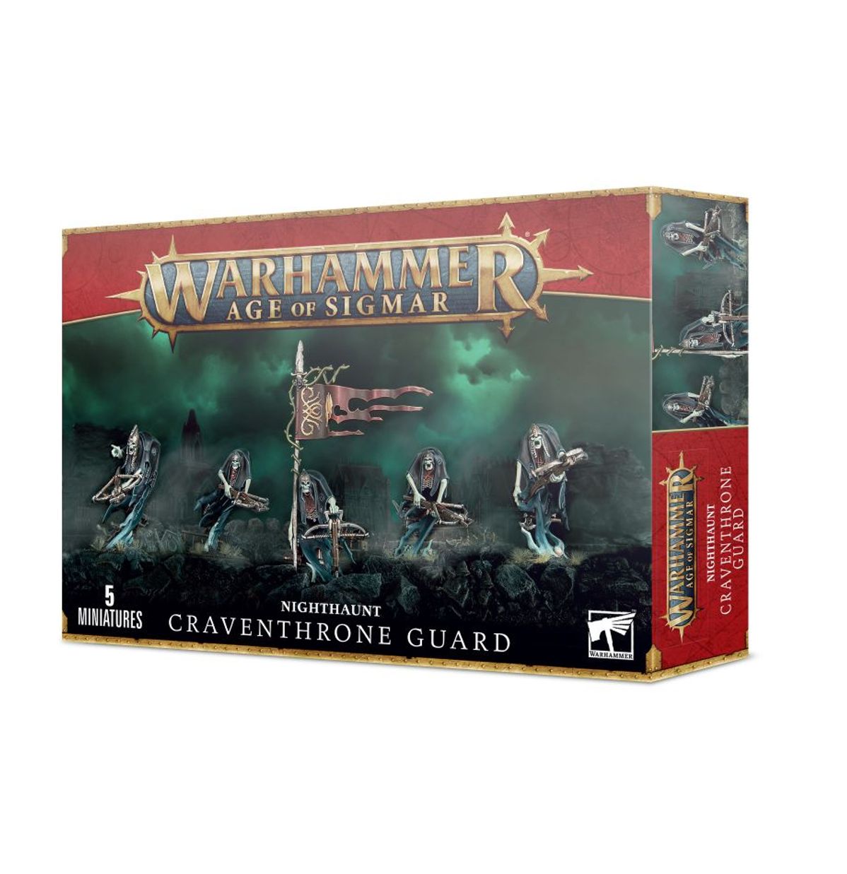 Nighthaunt Craventhrone Guard - pudełko zestawu 5 miniatur Warhammer Age of Sigmar z widmowymi strzelcami z soulhunter crossbows i chorągwią na tle zielonej mgły, czerwony pasek z logo Warhammer Age of Sigmar, napis 5 Miniatures Nighthaunt Craventhrone Guard