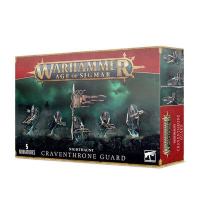 Nighthaunt Craventhrone Guard - pudełko zestawu 5 miniatur Warhammer Age of Sigmar z widmowymi strzelcami z soulhunter crossbows i chorągwią na tle zielonej mgły, czerwony pasek z logo Warhammer Age of Sigmar, napis 5 Miniatures Nighthaunt Craventhrone Guard