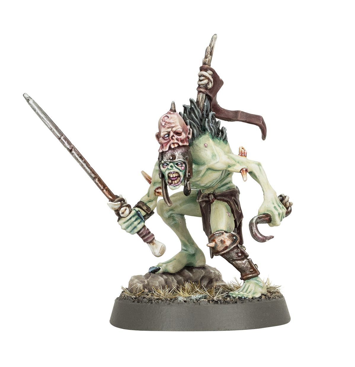Cryptguard Crypt Captain - ghul champion z dwiema głowami (własną i trofeum na szczycie), trzymający miecz i hak, brązowe nagolenniki i przepaska - Warhammer Age of Sigmar