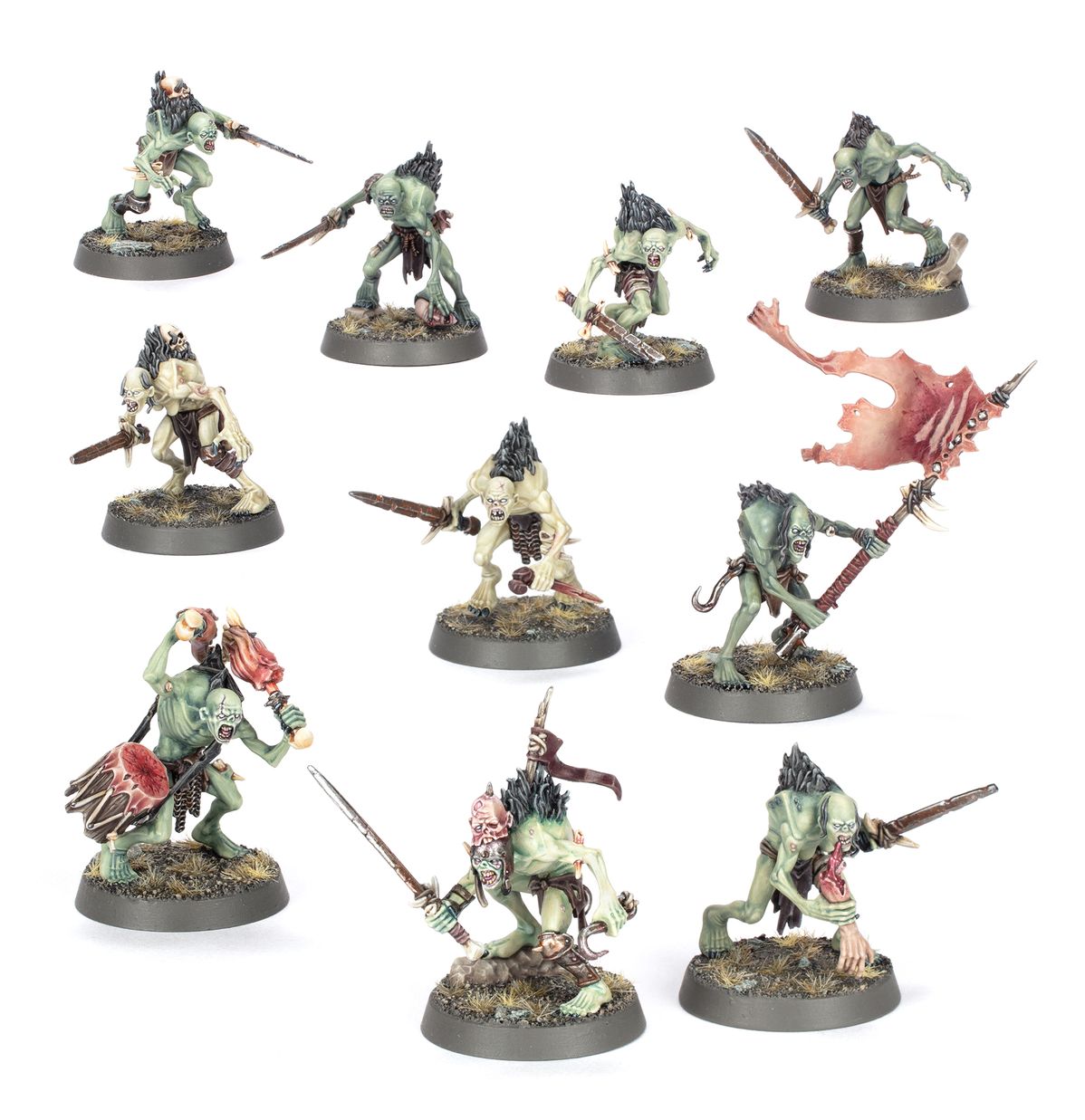 Cryptguard - 10 ghuli Flesh-eater Courts w zielonkawej skórze z rdzawymi mieczami i halabardami, chorągiew ze skóry i bębniarz pośrodku, dynamiczne pozy ataku - Warhammer Age of Sigmar