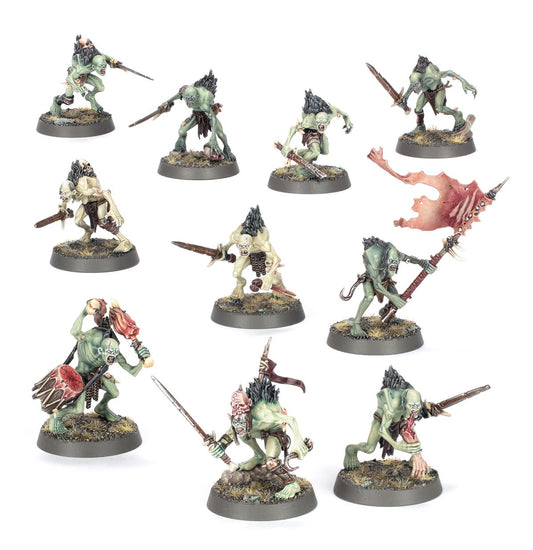 Cryptguard - 10 ghuli Flesh-eater Courts w zielonkawej skórze z rdzawymi mieczami i halabardami, chorągiew ze skóry i bębniarz pośrodku, dynamiczne pozy ataku - Warhammer Age of Sigmar