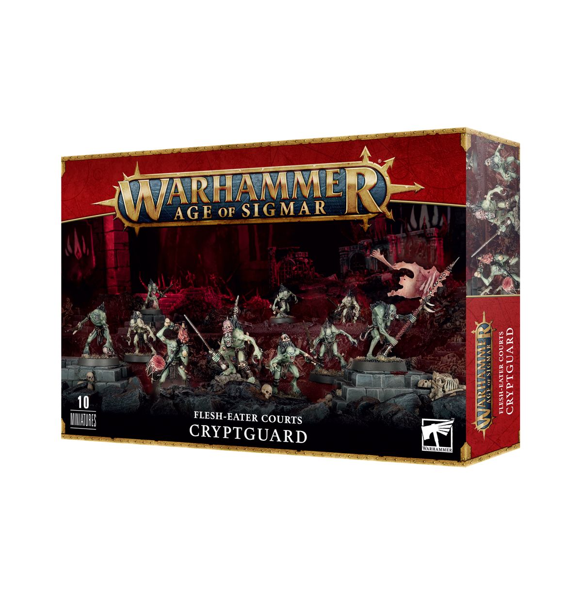 Flesh-eater Courts Cryptguard - pudełko zestawu 10 miniatur Warhammer Age of Sigmar z ilustracją hordy ghuli w czerwono-czarnym tle ruin