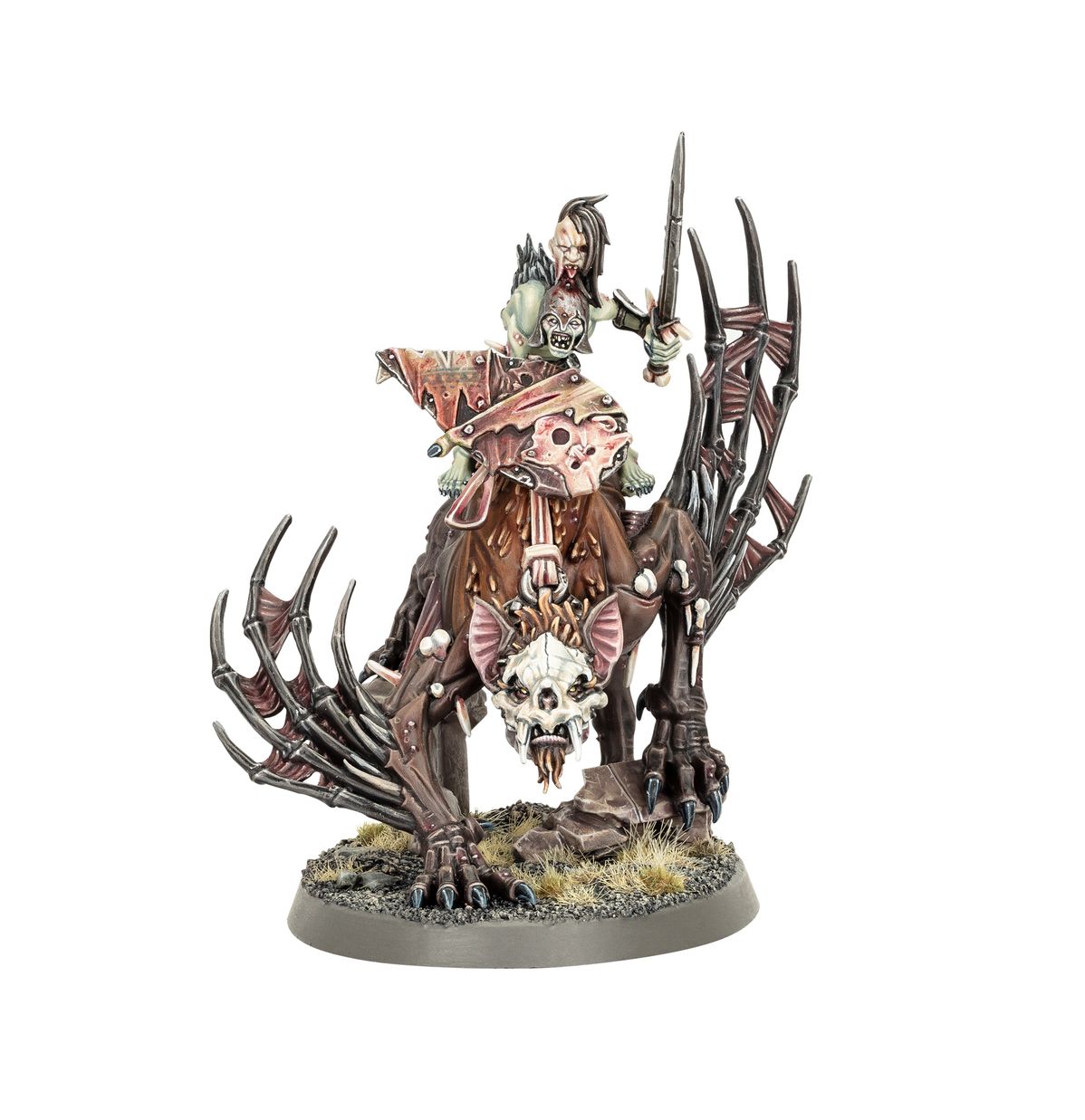Morbheg Knight Champion - zielonoskóry ghul w różowym płaszczu z mieczem uniesiony na nightshriekerze z czaszką na głowie i brązowym futrem z kolcami, owalna podstawka z trawą - Warhammer Age of Sigmar