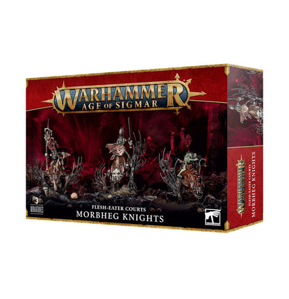 Flesh-eater Courts Morbheg Knights - pudełko zestawu 3 miniatur Warhammer Age of Sigmar z trzema ghulowymi kawalerzystami na nightshriekerach z czarnymi skrzydłami na tle ciemnoczerwonego pola bitwy, złota ramka z logo Warhammer Age of Sigmar, napis 3 Miniatures Flesh-eater Courts Morbheg Knights