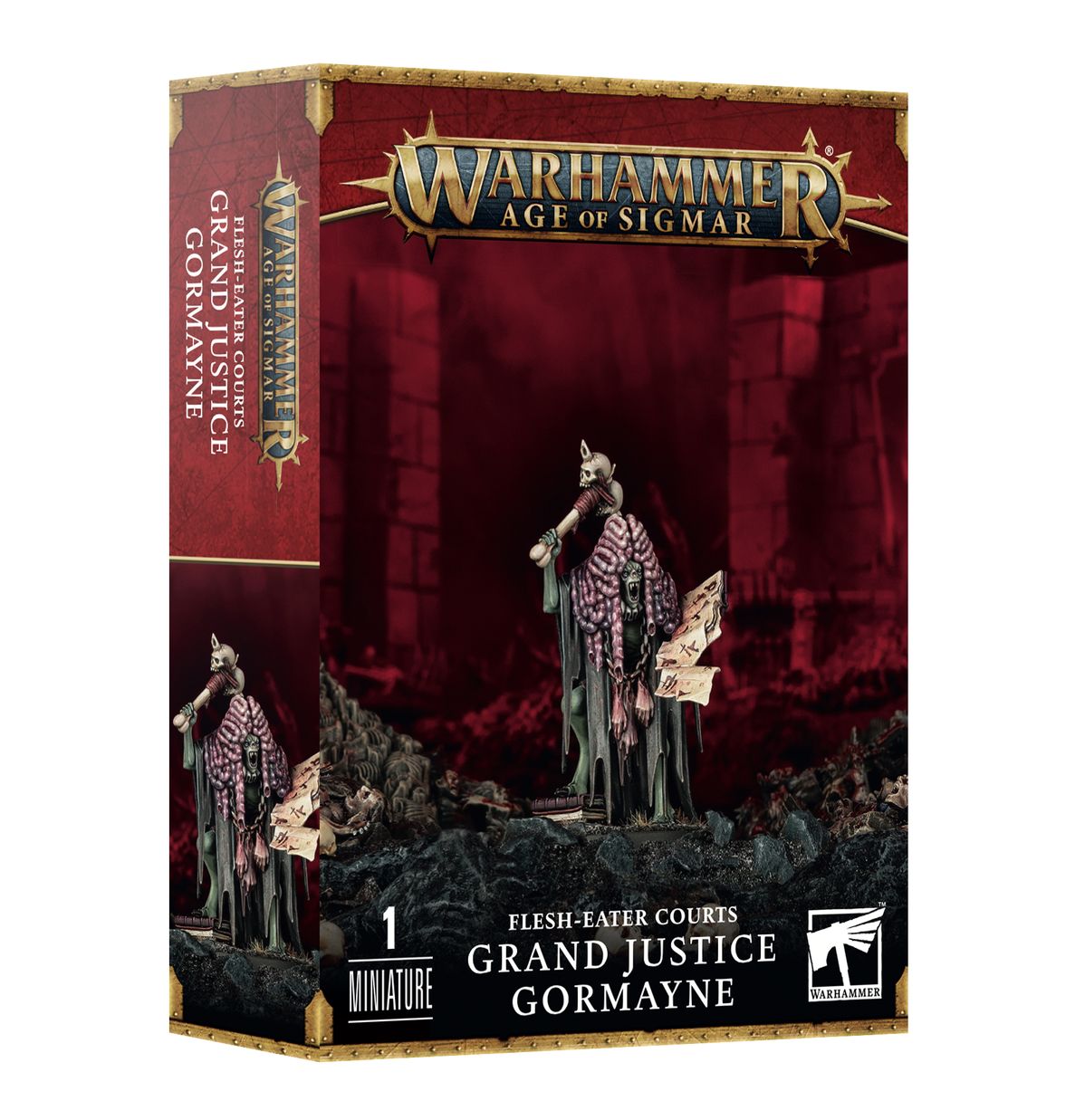 Flesh-eater Courts Grand Justice Gormayne - pudełko zestawu 1 miniatury Warhammer Age of Sigmar z ghulem w czarnej szacie z różową peruk z jelit i kościanym młotkiem na tle czerwonych ruin, czerwono-złota ramka z logo Warhammer Age of Sigmar, napis 1 Miniature Flesh-eater Courts Grand Justice Gormayne