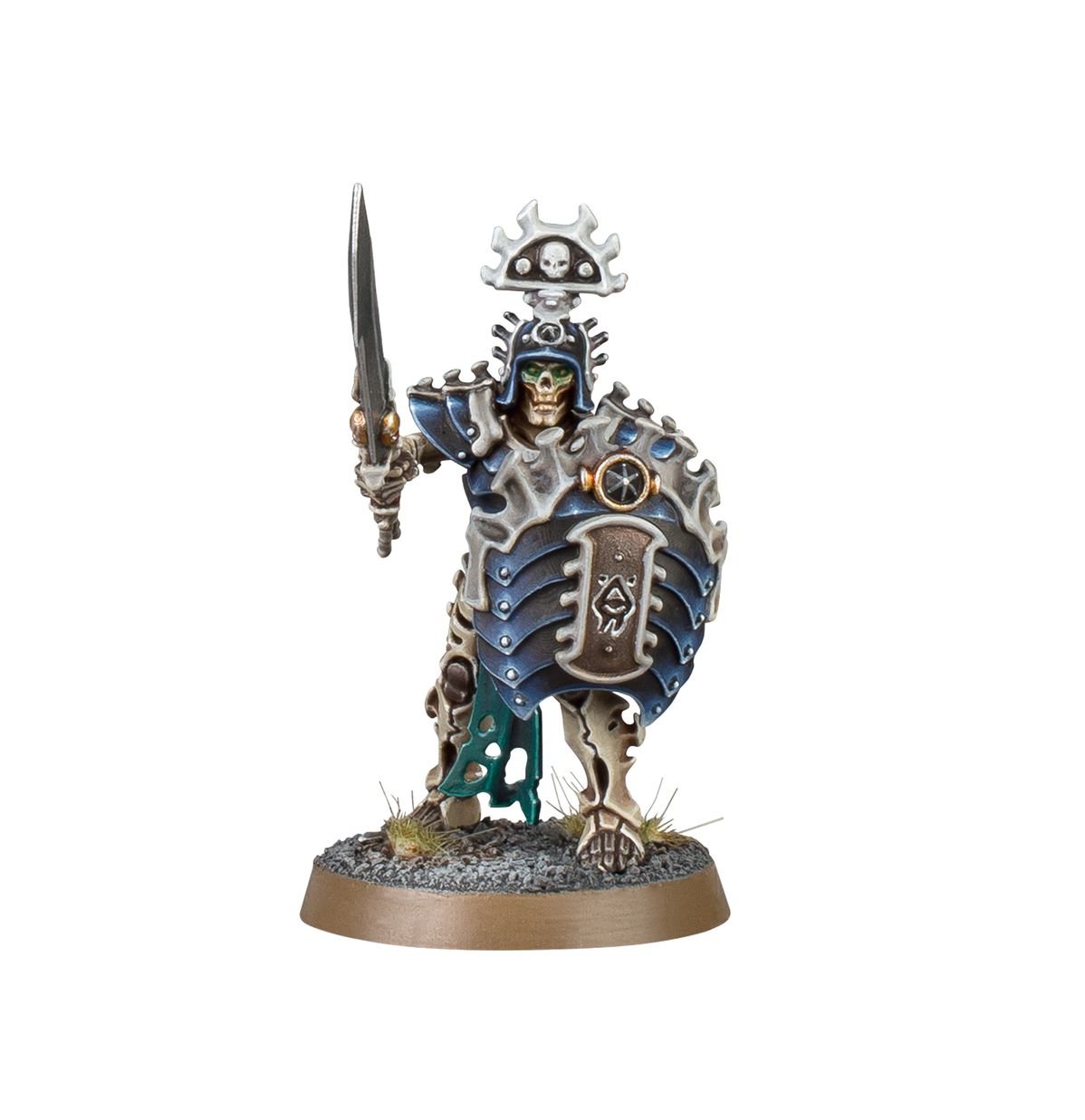 Mortek Guard Mortrek Hekatos wariant - szkieletowy dowódca z ozdobnym hełmem z czaszką unoszący nadirite blade, zielone akcenty na zbroi i podstawce - Warhammer Age of Sigmar