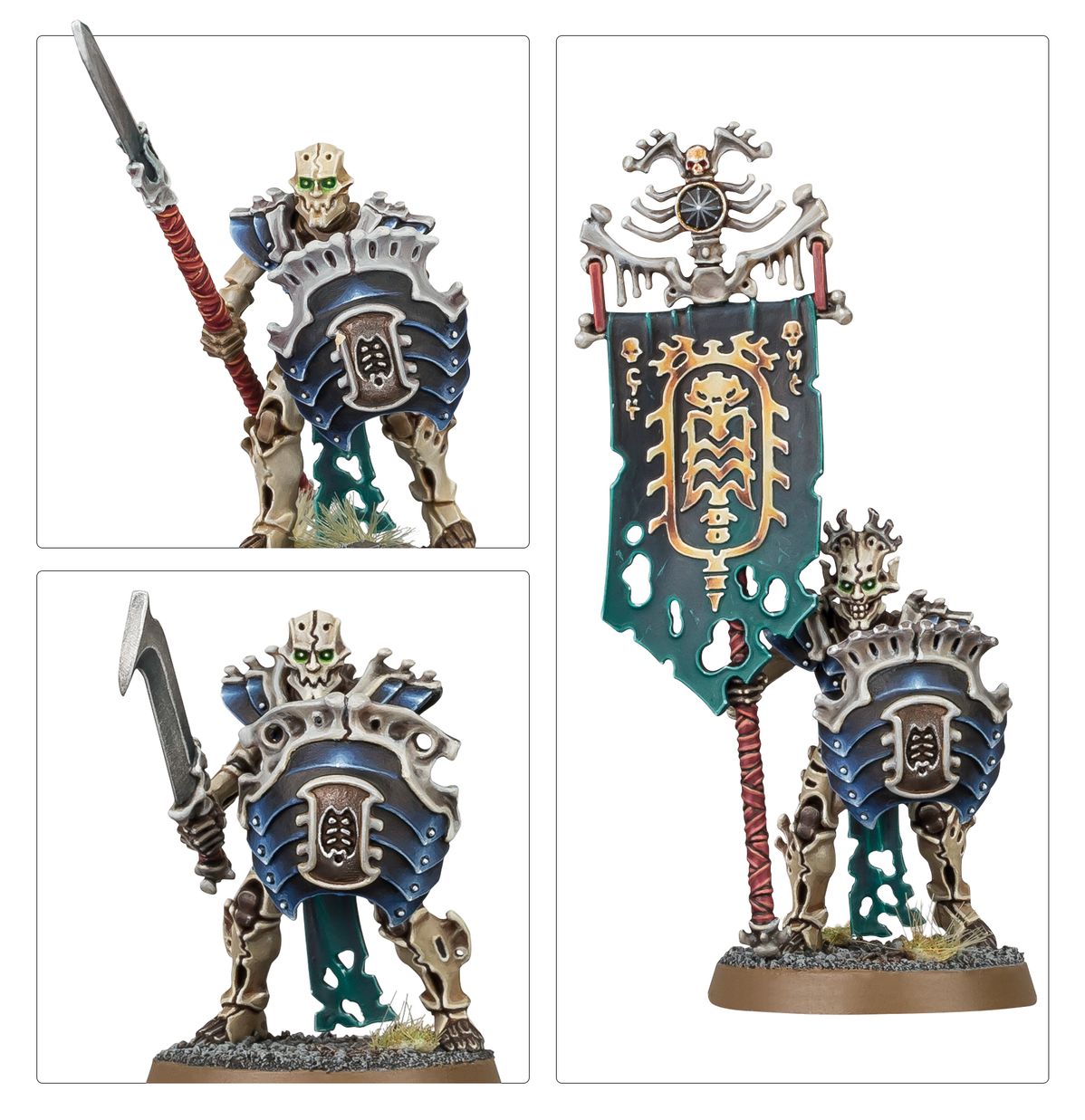 Mortek Guard warianty - kolaż 3 modeli: Mortek Guard z nadirite spear i zielonymi oczami, Mortek Guard z nadirite blade i tarczą, Necrophoros z zieloną chorągwią Nagasha i złotymi symbolami - Warhammer Age of Sigmar