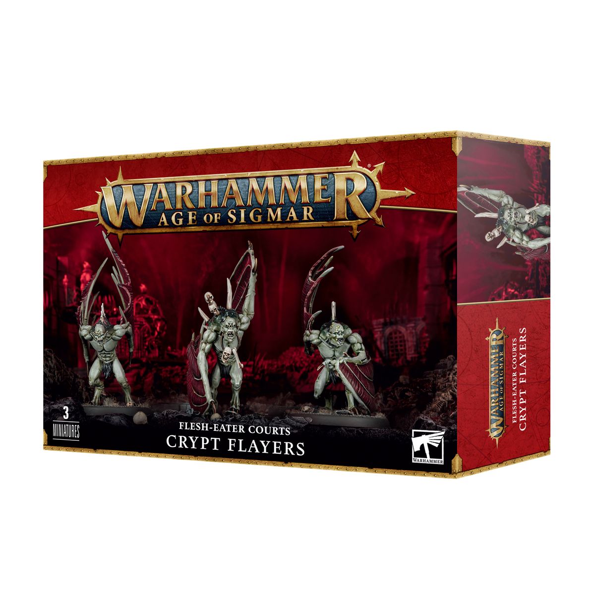 Flesh-eater Courts Crypt Flayers - pudełko zestawu 3 miniatur Warhammer Age of Sigmar z 3 ghulami z bordowymi skrzydłami na czerwonym tle ruin