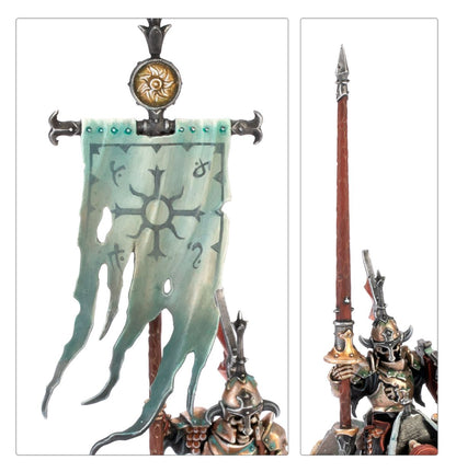Barrow Knights - kolaż detali: turkusowy sztandar z runami i lancą z grotem - Warhammer Age of Sigmar