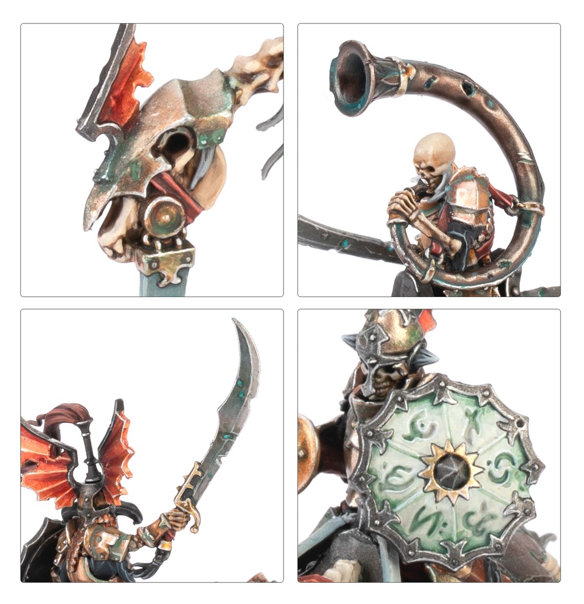 Barrow Knights - kolaż 4 detali: hełm championa, muzyk z rogiem, zakrzywiony miecz, tarcza z runą słońca - Warhammer Age of Sigmar