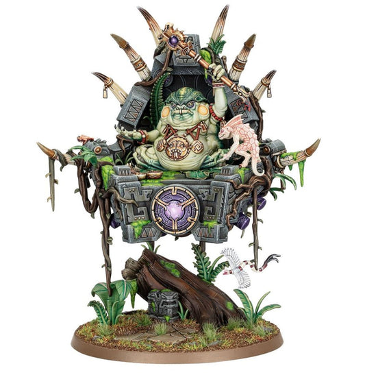 Slann Starmaster wariant 1 - biało-zielona żaba-mag na unoszącej się kamiennej palankinie z kością słoniową i zielonymi detalami, fioletowy klejnot na froncie, różowy gekon i biały ptak na podstawce - Warhammer Age of Sigmar
