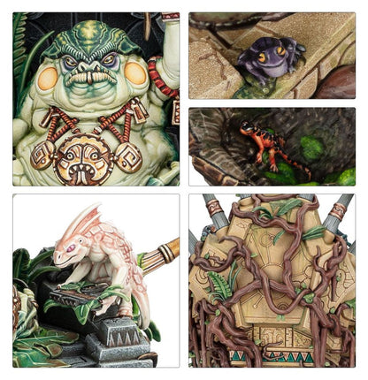 Slann Starmaster wariant 1 detale - kolaż 4 ujęć: detal twarzy z żółtymi oczami i złotym talizmanem, fioletowa żaba na kamieniu, pomarańczowo-czarna salamandra na mchu, różowy gekon przy berle - Warhammer Age of Sigmar