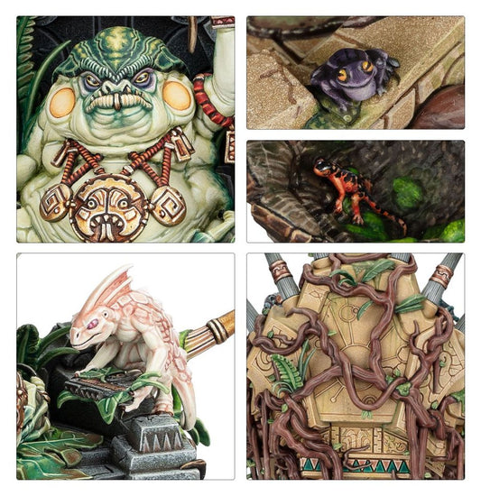 Slann Starmaster wariant 1 detale - kolaż 4 ujęć: detal twarzy z żółtymi oczami i złotym talizmanem, fioletowa żaba na kamieniu, pomarańczowo-czarna salamandra na mchu, różowy gekon przy berle - Warhammer Age of Sigmar