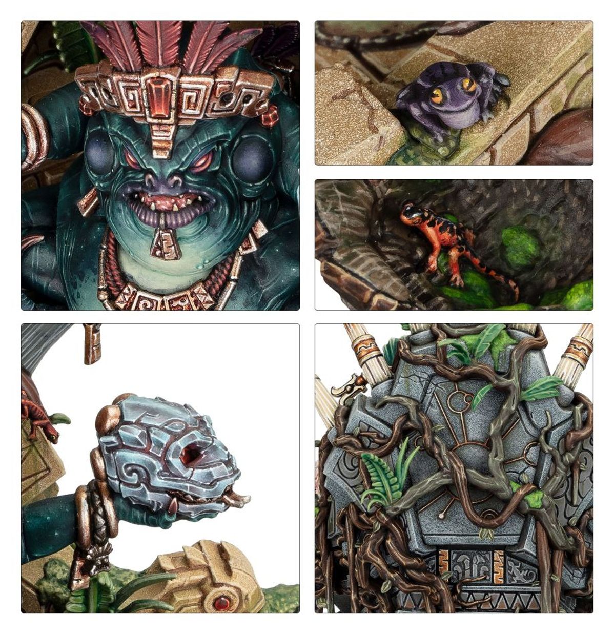 Slann Starmaster wariant 2 detale - kolaż 4 ujęć: detal twarzy z czerwonymi oczami i miedzianym pióropuszem, fioletowa żaba na kamieniu, szara kamienna czaszka z czerwonym klejnotem w dłoni, detal tyłu palankiny z korzeniami i zielonymi liśćmi - Warhammer Age of Sigmar