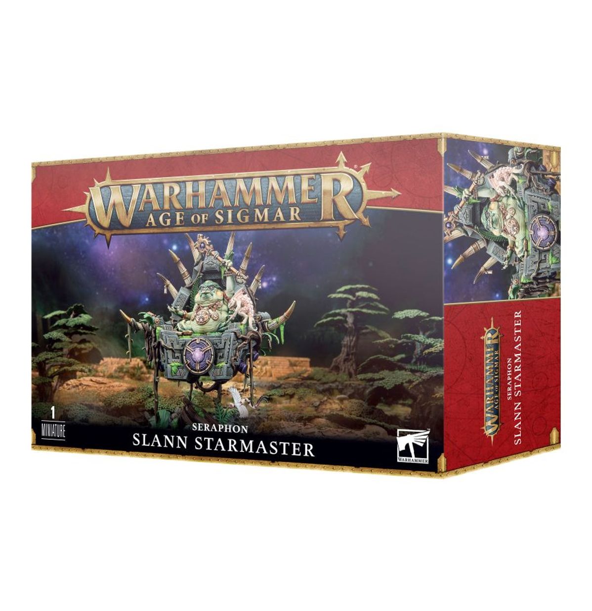 Seraphon Slann Starmaster - pudełko zestawu Warhammer Age of Sigmar z biało-zieloną żabą-magiem na szarej palankinie z fioletowym klejnotem na tle nocnego nieba z gwiazdami i drzewami