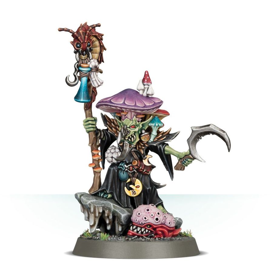 Snazzgar Stinkmullett - widok z boku z kosturem i moon-sickle Gloomspite Gitz