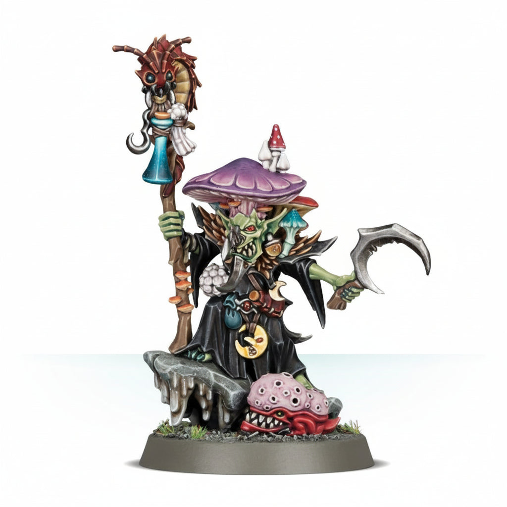 Snazzgar Stinkmullett Fungoid Cave-Shaman - widok z przodu: zielony grot w czarnym płaszczu z kręgosłupem nieznanego stworzenia z tyłu, na głowie ogromny fioletowy grzyb z czerwonymi i niebieskimi grzybkami, metalowe protezy nosa i szczęki, w lewej ręce drewniany kostur z brązowym gąsienicowym znany i turkusową kolbą, w prawej ręce szary sierp księżycowy, u stóp różowy Spore Squig z zębami, szara skalna podstawka z trawą - Warhammer Age of Sigmar