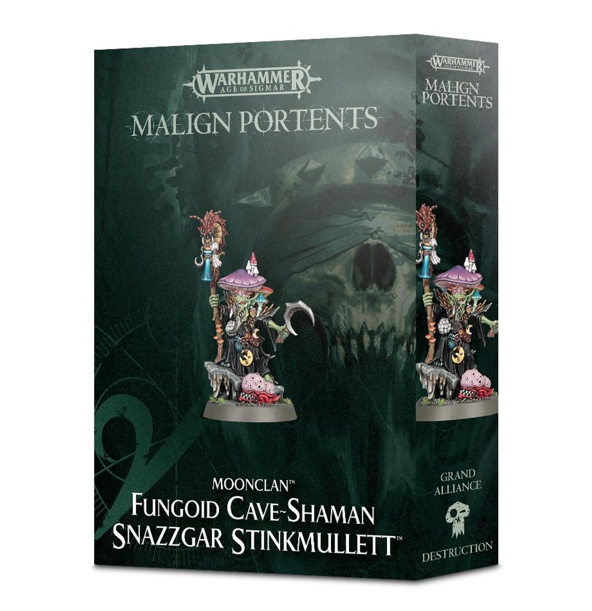 Malign Portents Moonclan Fungoid Cave-Shaman Snazzgar Stinkmullett - pudełko zestawu 1 miniatury Warhammer Age of Sigmar z grotem w czarnym płaszczu z fioletowym grzybem na głowie i kostu rem z gąsienicą na ciemnozielonym tle z czaszką, napis Malign Portents Moonclan Fungoid Cave-Shaman Snazzgar Stinkmullett Grand Alliance Destruction