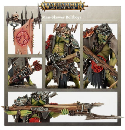 Man-Skewer Boltboyz - kolaż 5 detali: chorągiew z czaszką i symbolem Kruleboyz, mechanizm kuszy z kołczanem, Boltboy Boss z hełmem z rogami, twarz grota w kapturze, kusza z trójzębnym grotem - Warhammer Age of Sigmar