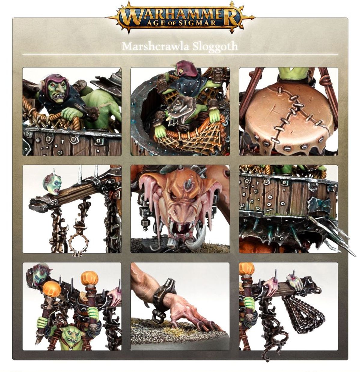 Marshcrawla Sloggoth - kolaż 9 detali: groci w howdah, siatka połowu, blizny na grzbiecie sloggotha, łańcuchy z czaszką, paszcza z kłami, drewniana skrzynia howdah, grot z berłem i lampionem, łapa z pazurami, łańcuchy z hakami - Warhammer Age of Sigmar