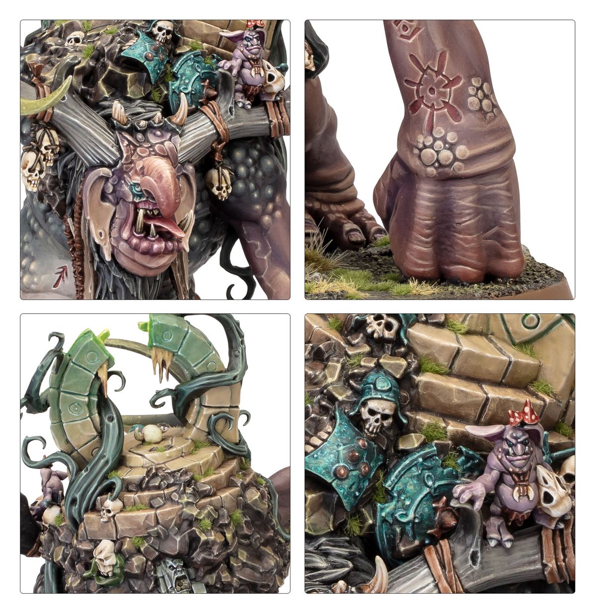 Trugg the Troggoth King - plansza 4 zbliżenia: głowa z otwartą paszczą niebieskie oko; stopa z symbolem Nurgle brązowa; zielony artefakt z wiciami i czaszkami; goblin w turkusowej zbroi z czaszką siedzący na plecach Trugga Age of Sigmar
