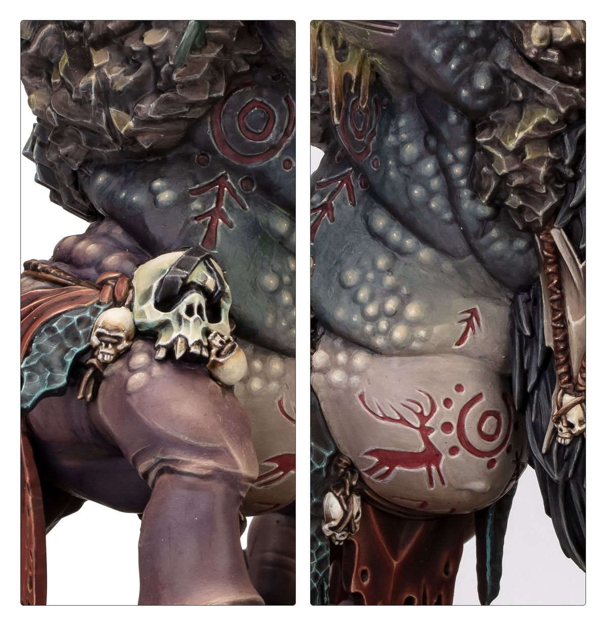 Trugg the Troggoth King - plansza 2 zbliżenia: ręka trzymająca czaszki z turkusową peleryną; brzuch szaro-niebieski z czerwonymi runami jeleń i księżyc czaszki na biodrach Age of Sigmar