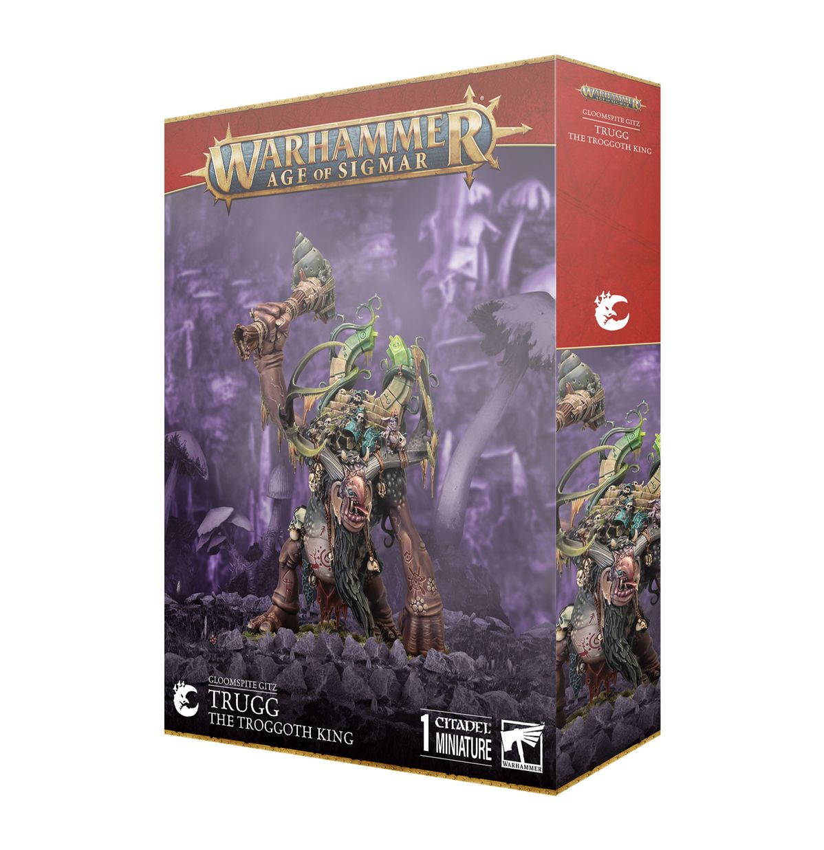 Trugg the Troggoth King - pudełko Warhammer Age of Sigmar Gloomspite Gitz czerwono-złote 1 Citadel Miniature troll z maczugą i zielonym artefaktem fioletowe tło Games Workshop