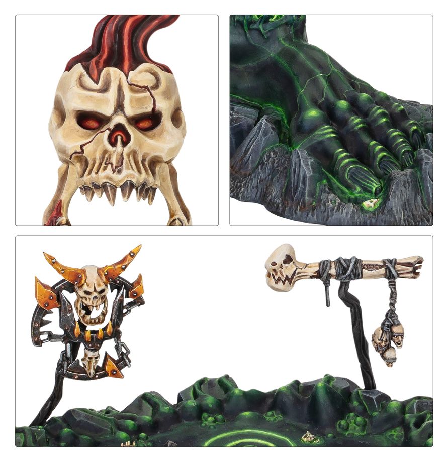 Orruk Warclans Manifestations - zbliżenia czaszki Gork-Roara palców Foot of Gork i totemu Morkspit Marsh