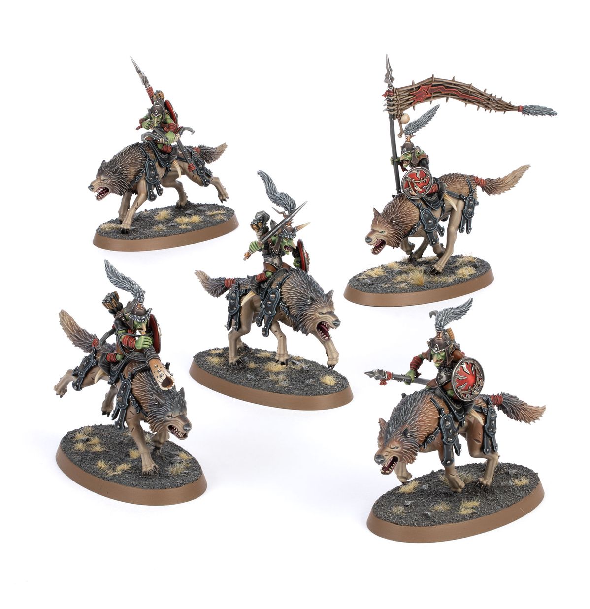 Snarlfang Riders - 5 modeli grotów na wilkach z włóczniami, łukami i tarczami, jeden z wielką chorągwią - Warhammer Age of Sigmar