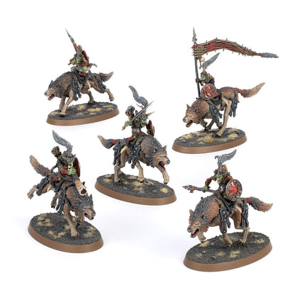 Snarlfang Riders - 5 modeli grotów na wilkach z włóczniami, łukami i tarczami, jeden z wielką chorągwią - Warhammer Age of Sigmar