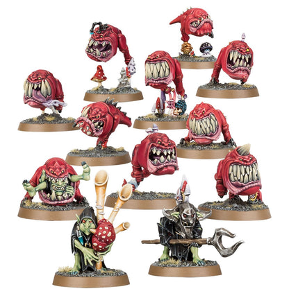 Squig Herd - 10 czerwonych squigów z ogromnymi zębami i 2 Squig Herderów z grzybami i widłami - Warhammer Age of Sigmar