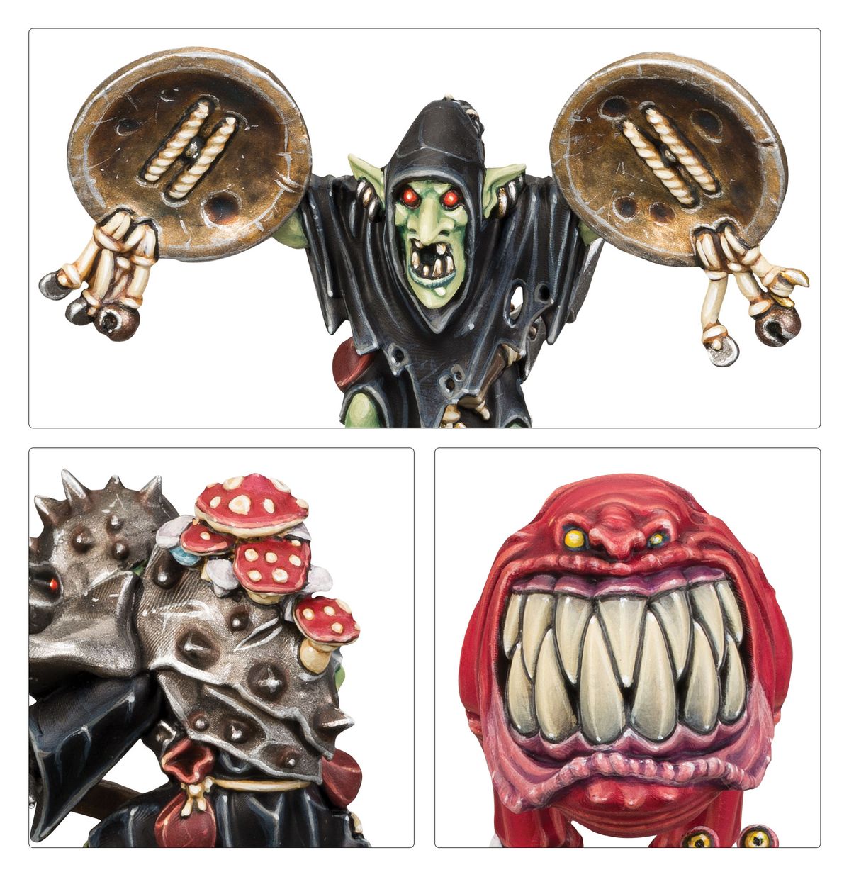 Squig Herd - kolaż 3 detali: Squig Herder z talerzami na łańcuchach, kolczasty squig z czerwonymi grzybami, Cave Squig z otwartą paszczą i żółtymi oczami - Warhammer Age of Sigmar