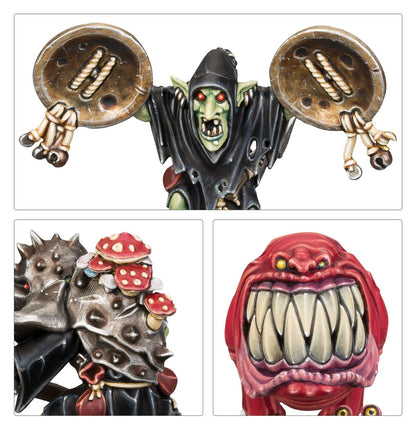 Squig Herd - kolaż 3 detali: Squig Herder z talerzami na łańcuchach, kolczasty squig z czerwonymi grzybami, Cave Squig z otwartą paszczą i żółtymi oczami - Warhammer Age of Sigmar