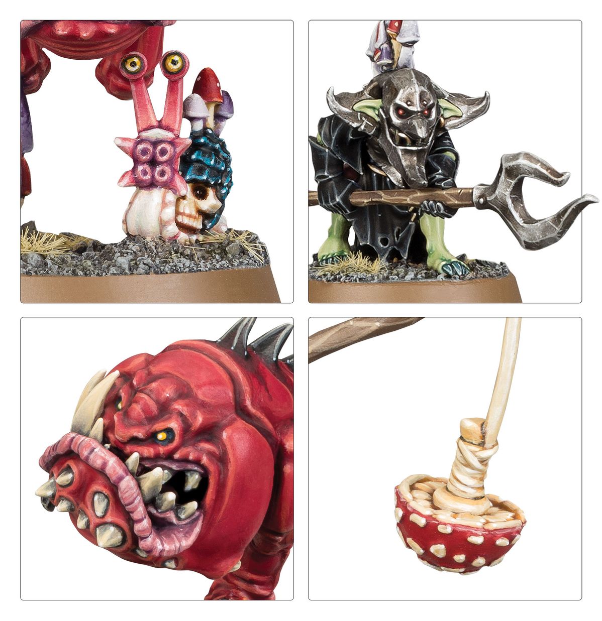 Squig Herd - kolaż 4 detali: snail squig z grzybkami na podstawce, Squig Herder z widłami w hełmie z rogami, głowa Cave Squiga z rogami i kłami, wędka z czerwonym grzybem - Warhammer Age of Sigmar