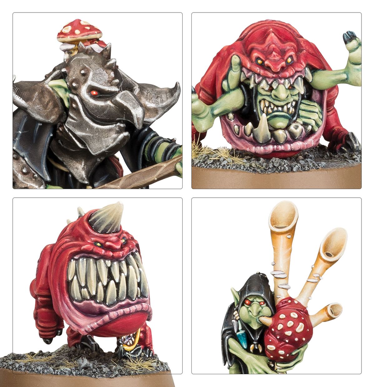 Squig Herd - kolaż 4 detali: Squig Herder w hełmie z grzybem, Cave Squig z zielonymi łapami i otwartą paszczą, Cave Squig od tyłu z ogonem, Squig Herder trzymający grzyba i kości - Warhammer Age of Sigmar
