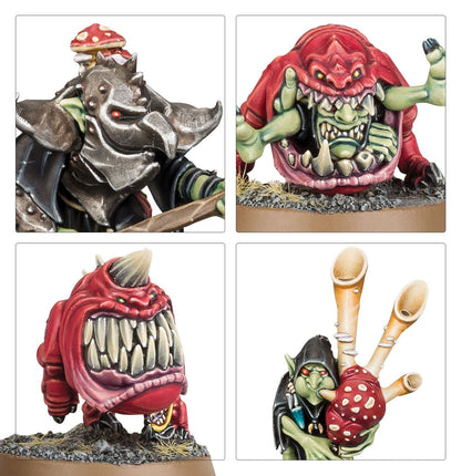 Squig Herd - kolaż 4 detali: Squig Herder w hełmie z grzybem, Cave Squig z zielonymi łapami i otwartą paszczą, Cave Squig od tyłu z ogonem, Squig Herder trzymający grzyba i kości - Warhammer Age of Sigmar